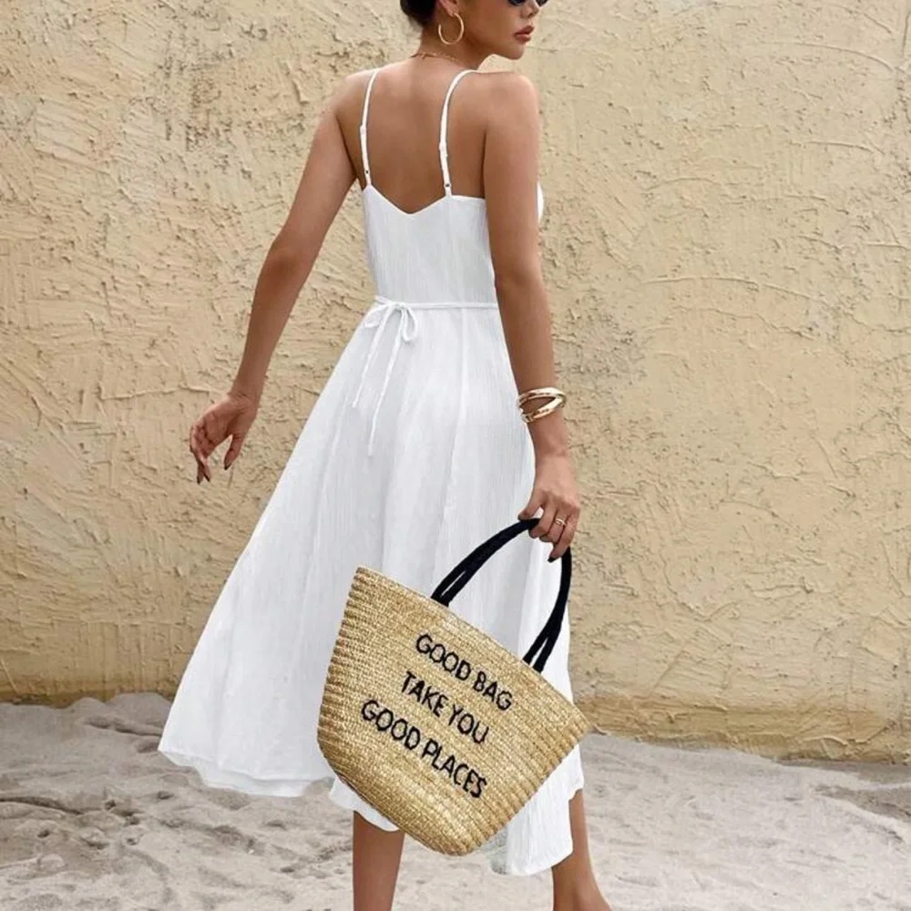 Textured button down front cami midi dress bohemian white prairie dress - Picture 3 of 6